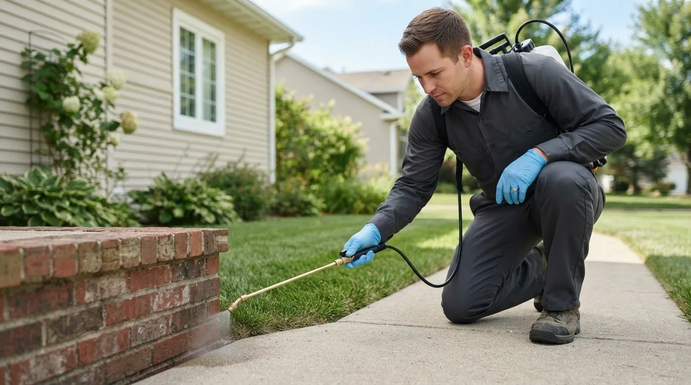 Pest control technician treating a home near Leeds, ME